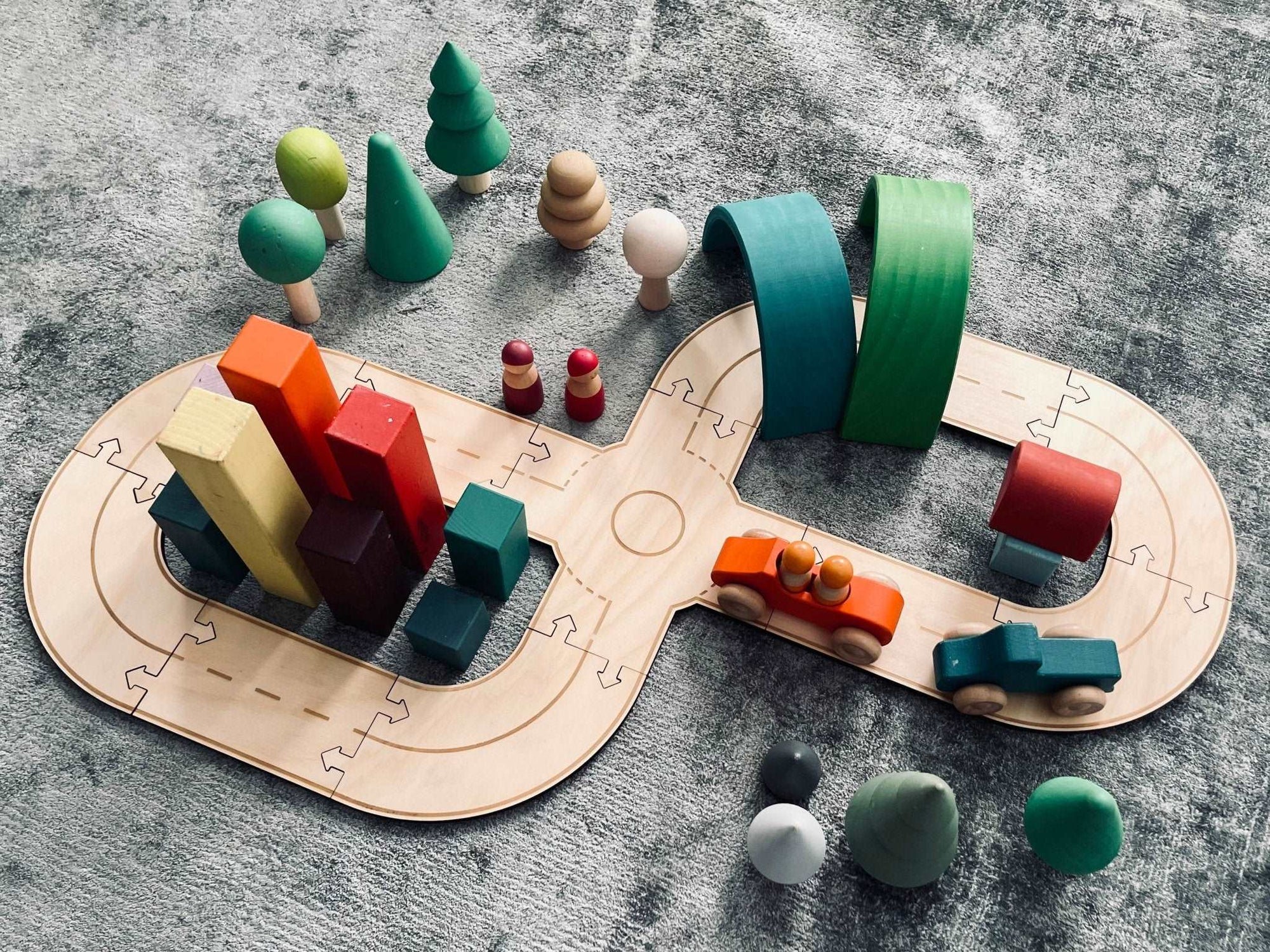 Timber towns Figure 8 car road track set with wooden toys construction