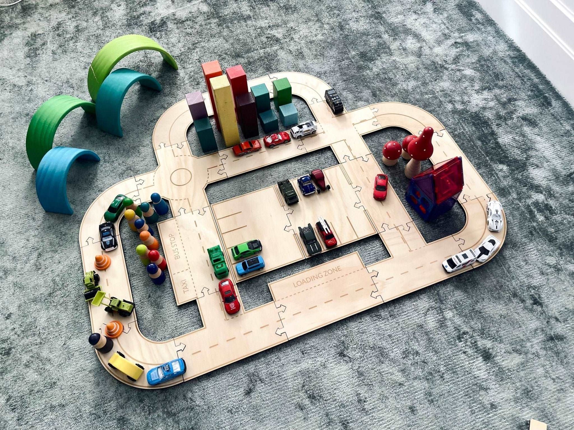 Timber Towns City Livin' Set wooden car road track set open-ended small world play set up match box cars