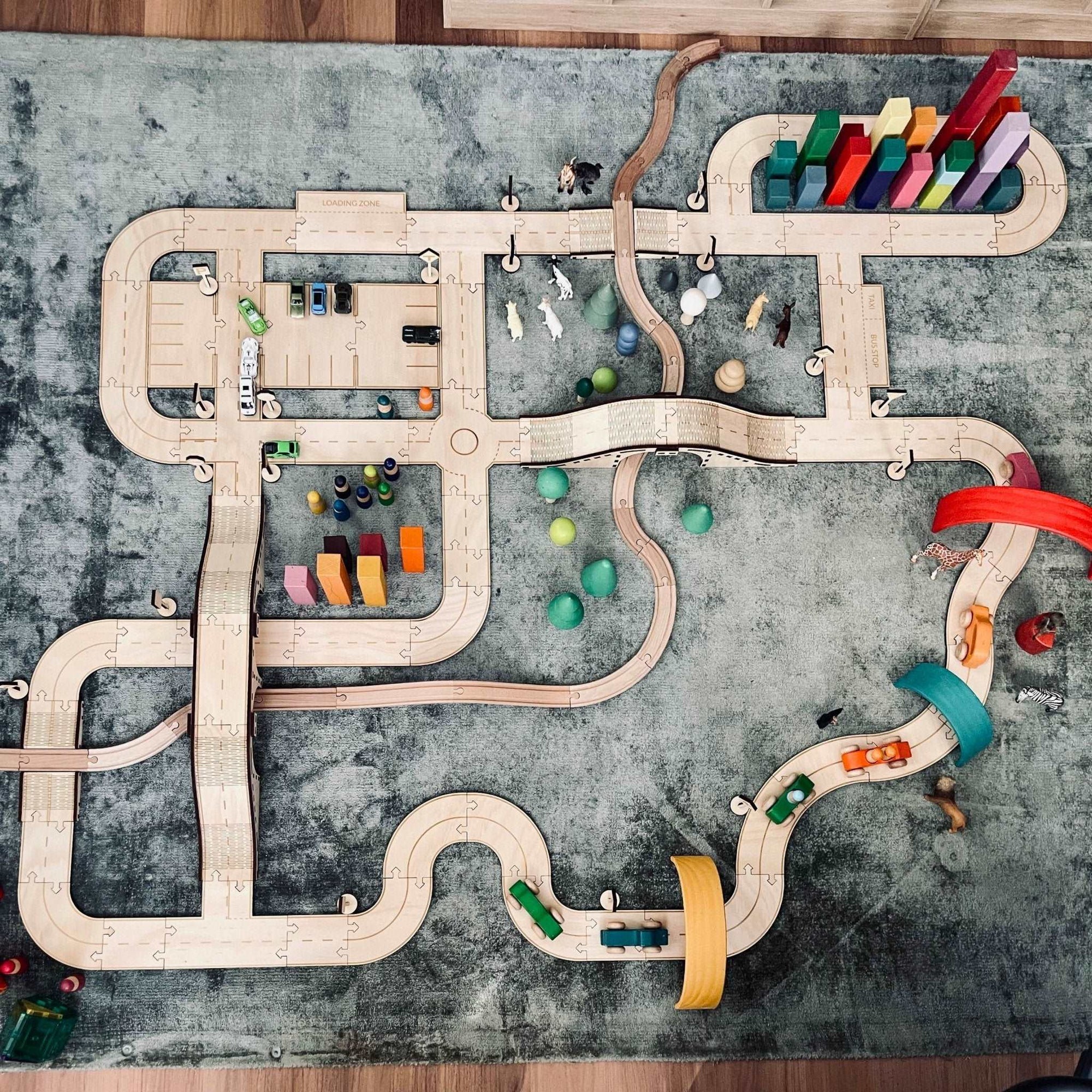 Timber Towns mega road car track set small world play trees buildings train tracks