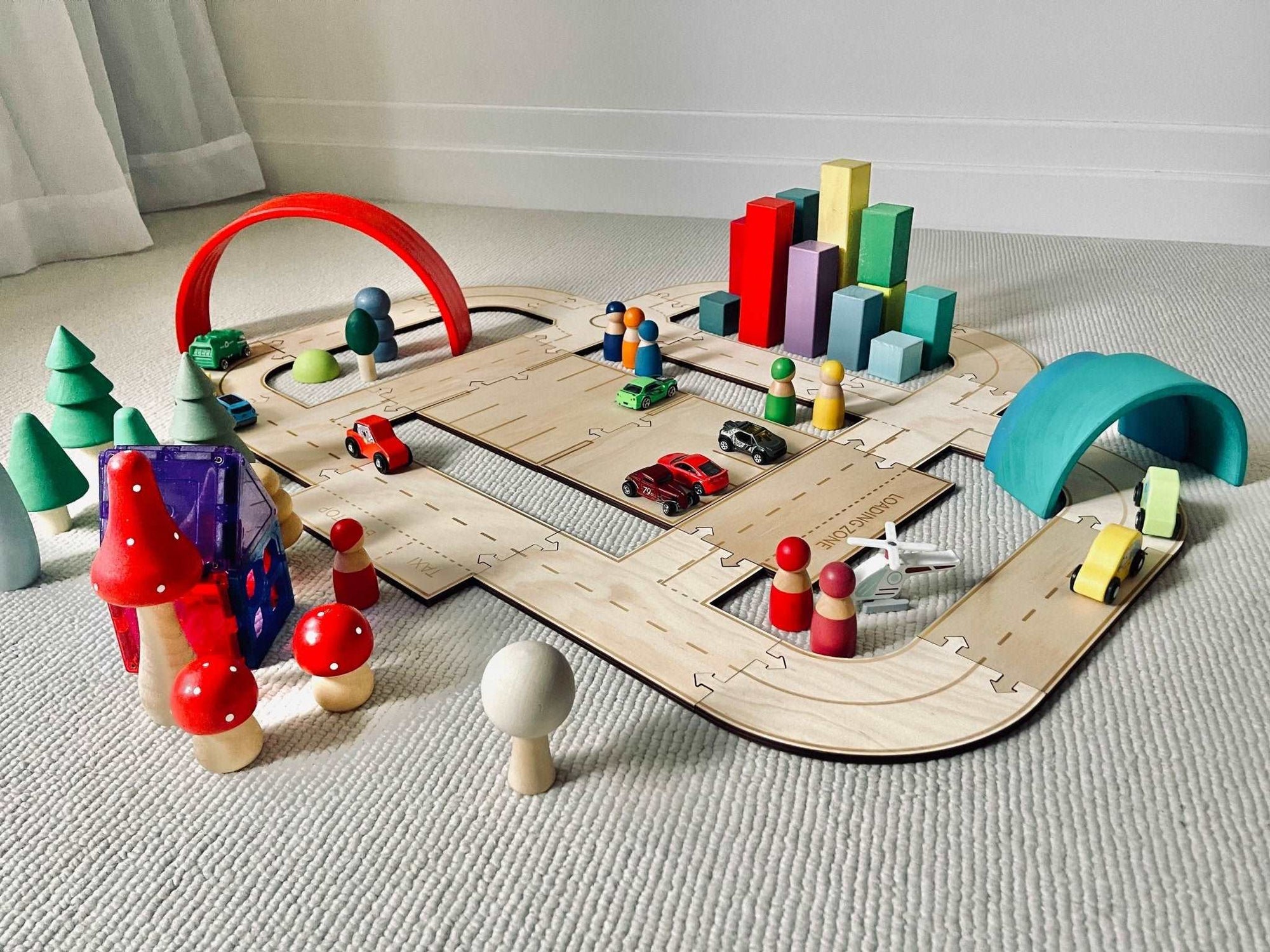 Timber Towns City Livin&#39; Set wooden car road track set open-ended small world play set up match box cars